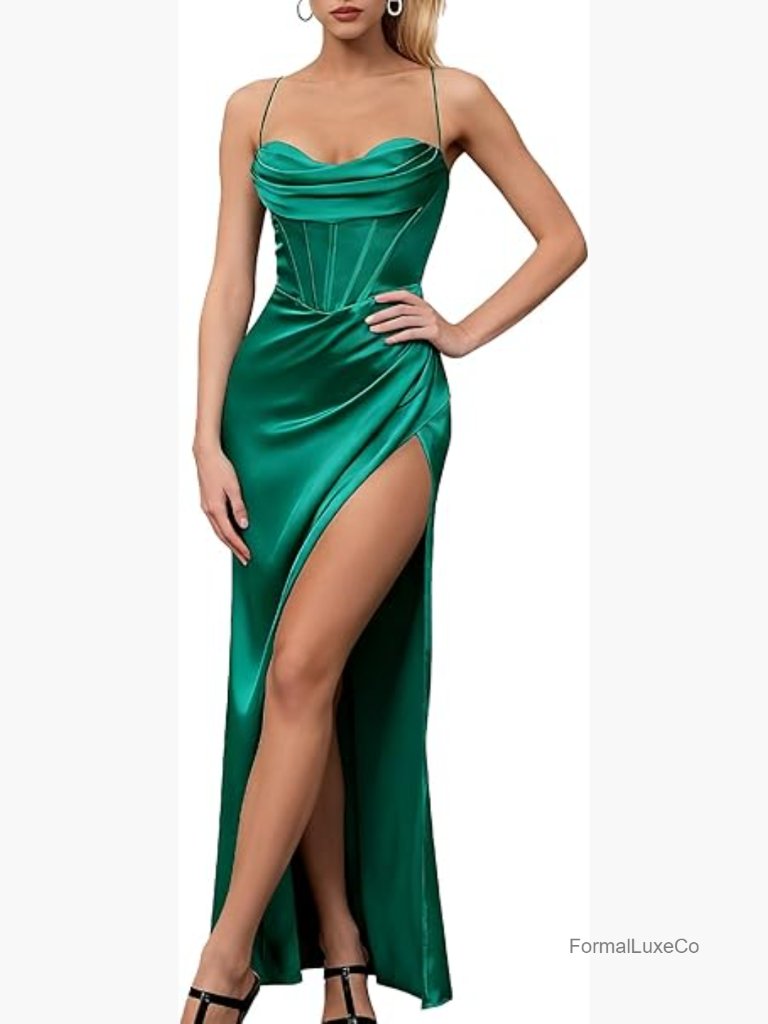 Slip Satin Maxi Dress High Slit Backless Lace Up Corset Wedding Guest